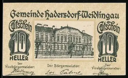 Notgeld Hadersdorf-Weidlingau 1920, 10 Heller, Gebäude und Denkmal in Landschaft