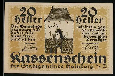 Notgeld Hainburg, 20 Heller, Stadttor-Motiv, Kassenschein der Stadtgemeinde Hainburg a. D