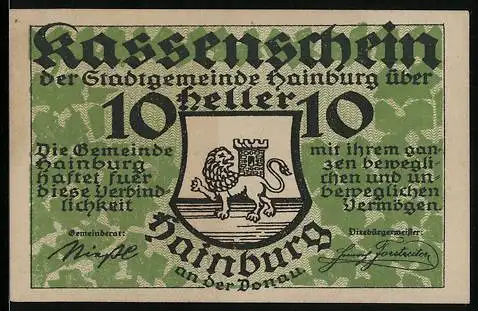 Notgeld Hainburg 1920, 10 Heller, Löwe im Wappen, grüne Verzierung, Unterschriften der Gemeindevertreter