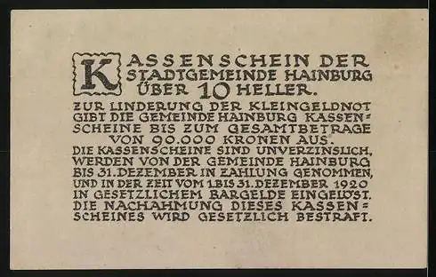 Notgeld Hainburg 1920, 10 Heller, Löwe im Wappen, grüne Verzierung, Unterschriften der Gemeindevertreter
