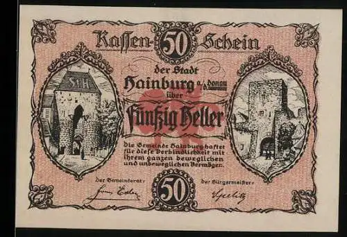 Notgeld Hainburg 1920, 50 Heller, Burgtor und Ruinenmauer, Text zur Kleingeldnot