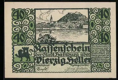 Notgeld Hainburg 1920, 40 Heller, Stadtansicht mit Burg und Löwenwappen