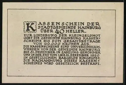 Notgeld Hainburg 1920, 40 Heller, Stadtansicht mit Burg und Löwenwappen