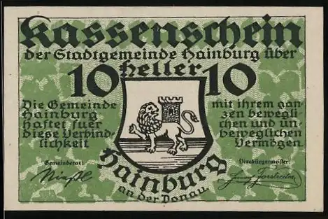 Notgeld Hainburg 1920, 10 Heller, Löwenwappen und Text zur Gültigkeit und Einlösung