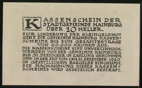 Notgeld Hainburg 1920, 10 Heller, Löwenwappen und Text zur Gültigkeit und Einlösung