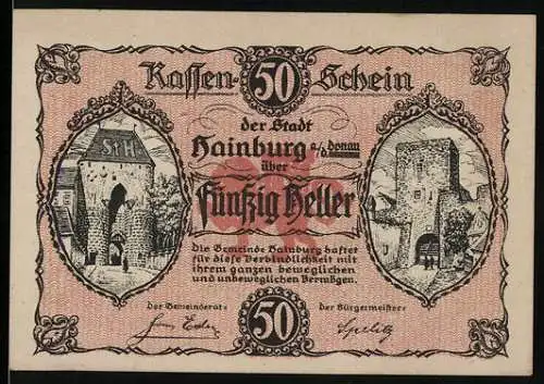 Notgeld Hainburg 1920, 50 Heller, Stadtansichten mit Türmen und Gebäuden