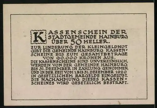 Notgeld Hainburg 1920, 50 Heller, Stadtansichten mit Türmen und Gebäuden