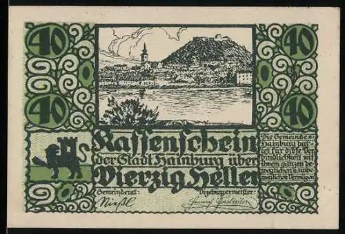 Notgeld Hainburg, 40 Heller, Stadtansicht mit Burgruine und Wappen, Text zur Gültigkeit der Kassenanweisung