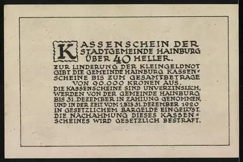 Notgeld Hainburg, 40 Heller, Stadtansicht mit Burgruine und Wappen, Text zur Gültigkeit der Kassenanweisung