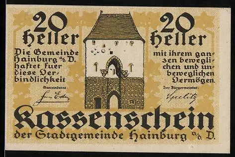 Notgeld Hainburg 1920, 20 Heller, Stadttor-Motiv mit Text zur Gültigkeit und Haftung