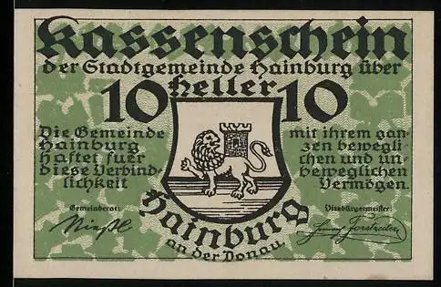 Notgeld Hainburg, 10 Heller, Wappen mit Löwe und grünem Hintergrundmuster