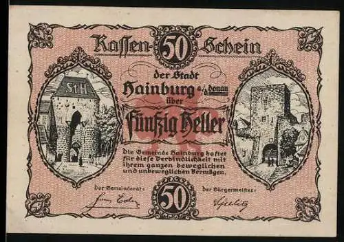 Notgeld Hainburg, 50 Heller, Stadtmotive mit Turm und Mauern, 1920er Jahre