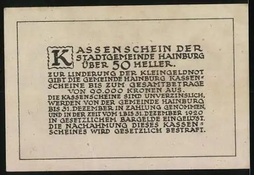 Notgeld Hainburg, 50 Heller, Stadtmotive mit Turm und Mauern, 1920er Jahre