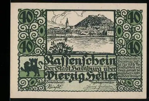 Notgeld Hainburg 1920, 40 Heller, Stadtansicht mit Burgberg und Löwe-Motiv