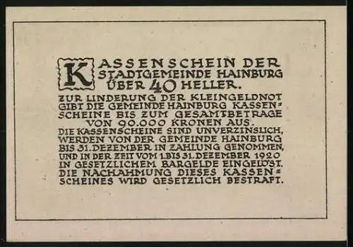 Notgeld Hainburg 1920, 40 Heller, Stadtansicht mit Burgberg und Löwe-Motiv