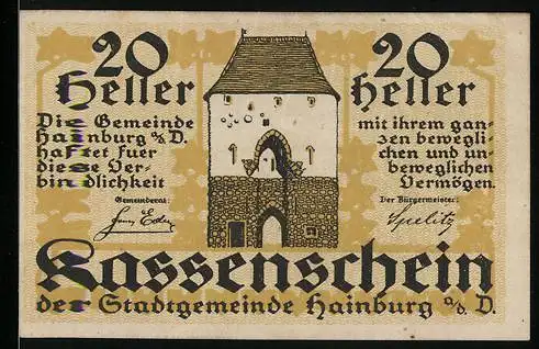 Notgeld Hainburg 1920, 20 Heller, Stadttor-Motiv, Kassenschein der Stadtgemeinde Hainburg