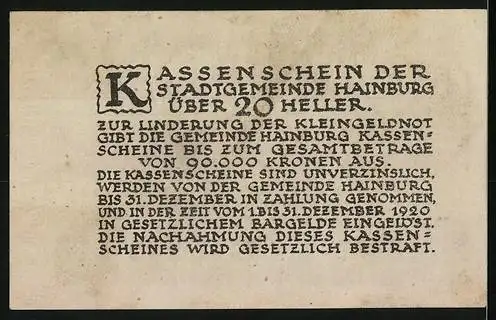 Notgeld Hainburg 1920, 20 Heller, Stadttor-Motiv, Kassenschein der Stadtgemeinde Hainburg