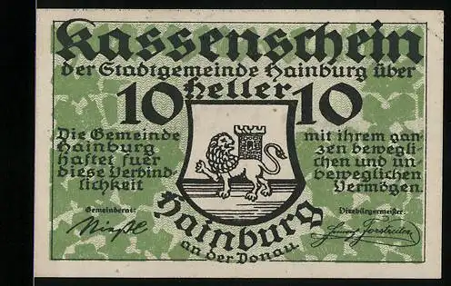 Notgeld Hainburg 1920, 10 Heller, Löwenwappen und Text zur Ausgabe des Kassenscheins