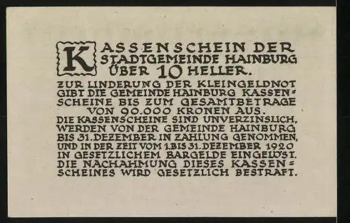 Notgeld Hainburg 1920, 10 Heller, Löwenwappen und Text zur Ausgabe des Kassenscheins