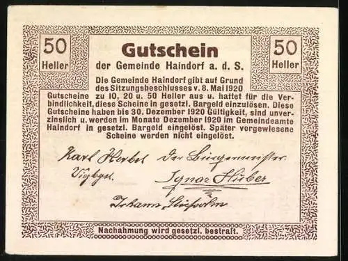 Notgeld Haindorf 1920, 50 Heller, Schloss Haindorf um 1627, Signaturen und Text