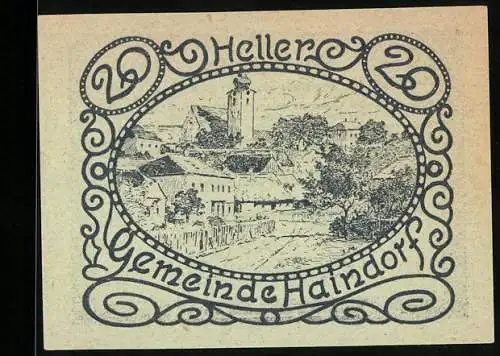 Notgeld Haindorf 1920, 20 Heller, Ortsansicht mit Kirche und Gebäuden, Gutschein der Gemeinde Haindorf