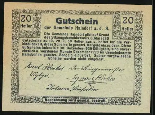 Notgeld Haindorf 1920, 20 Heller, Ortsansicht mit Kirche und Gebäuden, Gutschein der Gemeinde Haindorf