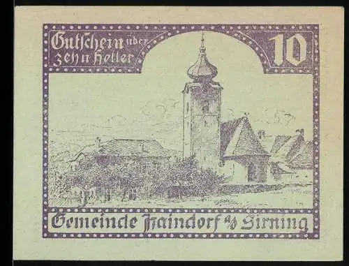 Notgeld Haindorf 1920, 10 Heller, Ortsansicht mit Turm und Häusern