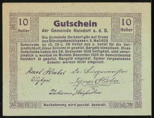 Notgeld Haindorf 1920, 10 Heller, Ortsansicht mit Turm und Häusern