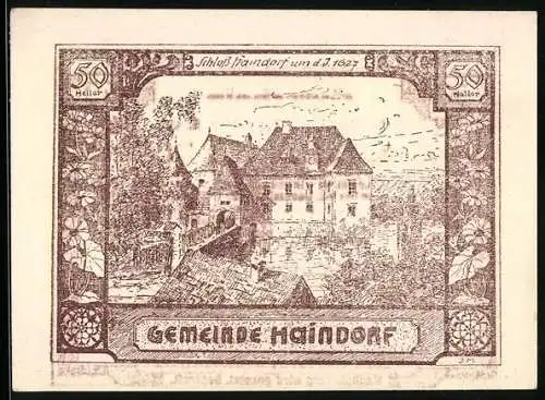 Notgeld Haindorf 1920, 50 Heller, Schloss Haindorf um 1627