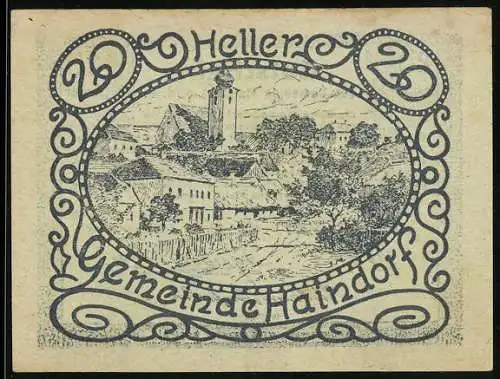 Notgeld Haindorf 1920, 20 Heller, Stadtansicht mit Kirche und Signaturen