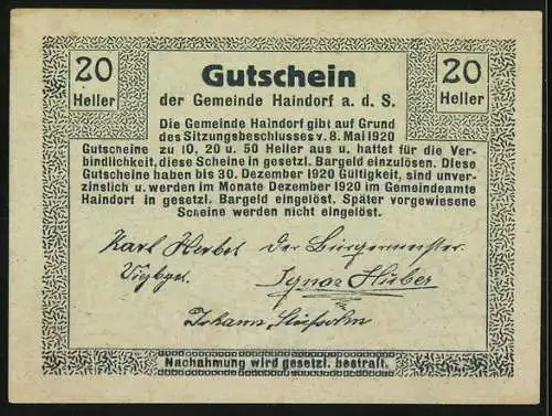 Notgeld Haindorf 1920, 20 Heller, Stadtansicht mit Kirche und Signaturen