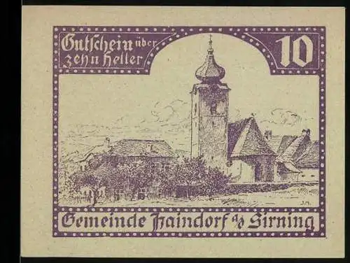 Notgeld Haindorf 1920, 10 Heller, Kirche und Gebäudeansicht