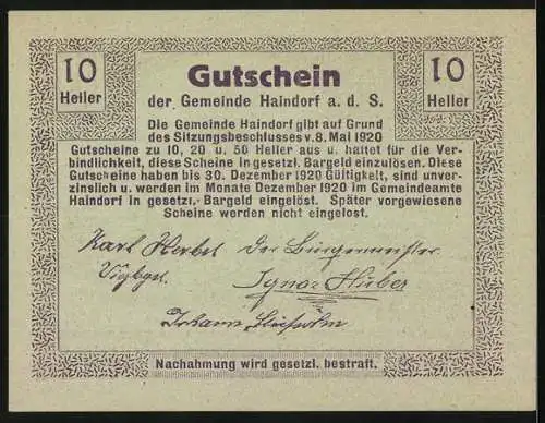 Notgeld Haindorf 1920, 10 Heller, Kirche und Gebäudeansicht