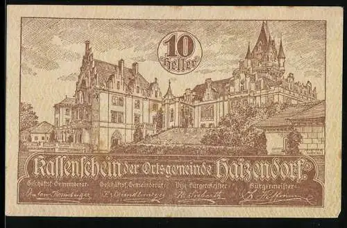 Notgeld Haitzendorf 1920, 10 Heller, Schlossansicht, gültig bis 31. Dezember 1920