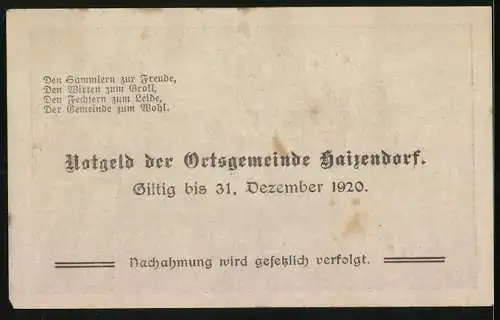 Notgeld Haitzendorf 1920, 10 Heller, Schlossansicht, gültig bis 31. Dezember 1920