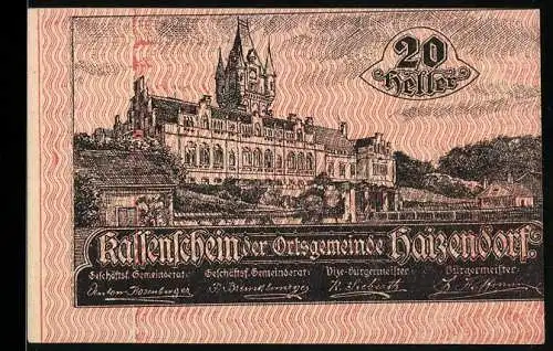 Notgeld Haitzendorf 1920, 20 Heller, Schlossansicht und Gültigkeit bis 31. Dezember 1920