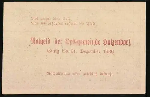 Notgeld Haitzendorf 1920, 20 Heller, Schlossansicht und Gültigkeit bis 31. Dezember 1920