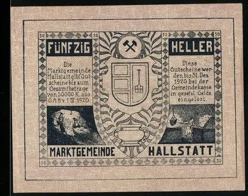 Notgeld Hallstatt 1920, 50 Heller, Stadtansicht und Wappen mit Werkzeugen