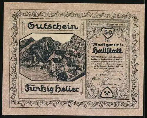 Notgeld Hallstatt 1920, 50 Heller, Stadtansicht und Wappen mit Werkzeugen