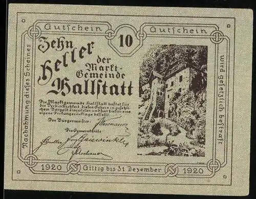 Notgeld Hallstatt 1920, 10 Heller, malerische Landschaft mit Gebäudeansicht