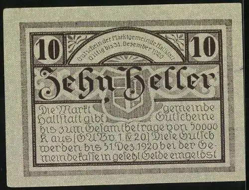 Notgeld Hallstatt 1920, 10 Heller, malerische Landschaft mit Gebäudeansicht