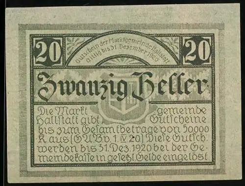 Notgeld Hallstatt 1920, 20 Heller, Gebäudeabbildung und gotische Schriftzüge