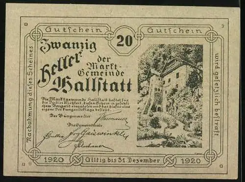 Notgeld Hallstatt 1920, 20 Heller, Gebäudeabbildung und gotische Schriftzüge