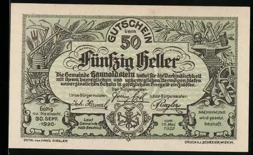 Notgeld Haunoldstein 1920, 50 Heller, Landschaftsansicht mit Kirche und Werkzeugen, Seriennummer und Wappen