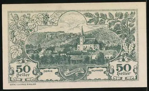 Notgeld Haunoldstein 1920, 50 Heller, Landschaftsansicht mit Kirche und Werkzeugen, Seriennummer und Wappen