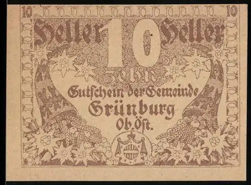 Notgeld Grünburg 1920, 10 Heller, florales Motiv und Wappen der Gemeinde