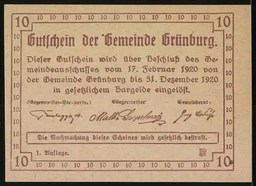 Notgeld Grünburg 1920, 10 Heller, florales Motiv und Wappen der Gemeinde