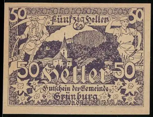 Notgeld Grünburg 1920, 50 Heller, Bergbauern mit Werkzeugen und Dorfansicht im Hintergrund