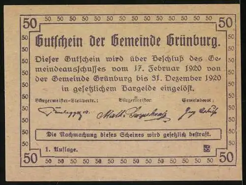 Notgeld Grünburg 1920, 50 Heller, Bergbauern mit Werkzeugen und Dorfansicht im Hintergrund