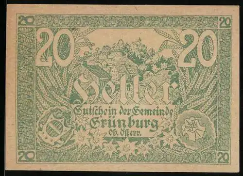 Notgeld Grünburg 1920, 20 Heller, Landschaftsmotiv mit Wappen und Unterschriften